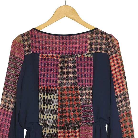 Anthropologie Maeve Peasant Patchwork Print Boho Dress Mini Navy Blue Red Tan XS - Picture 9 of 16